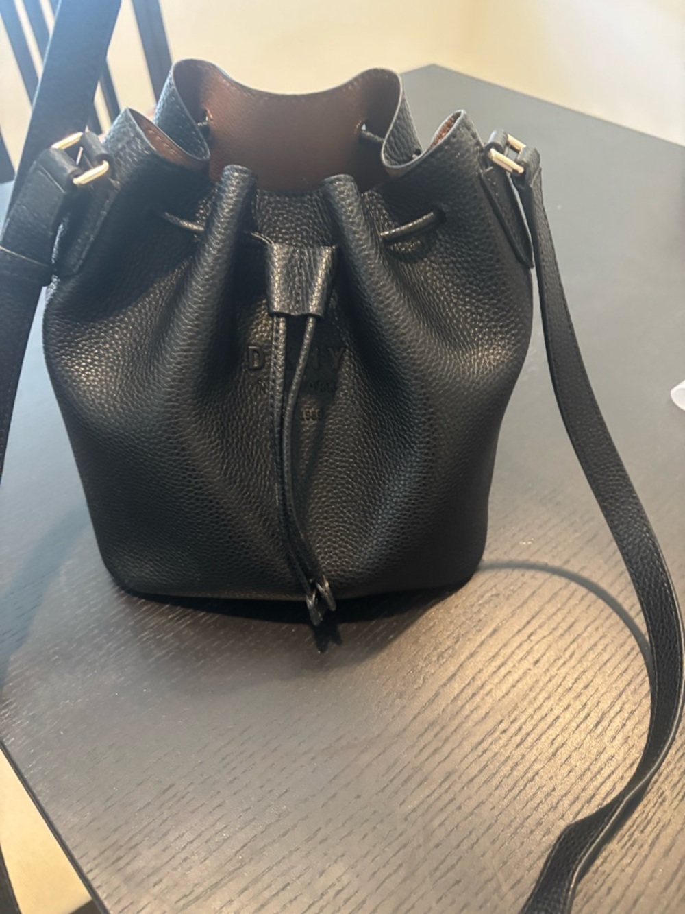 Donna Karan Black Pebbled Leather Drawstring Crossbody